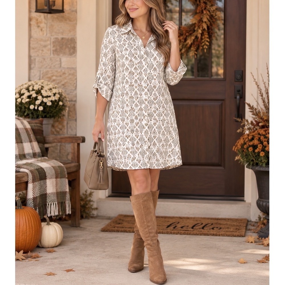 Cloth & Portrait Rayon Linen Medallion Print Button Front Shirt Dress Small